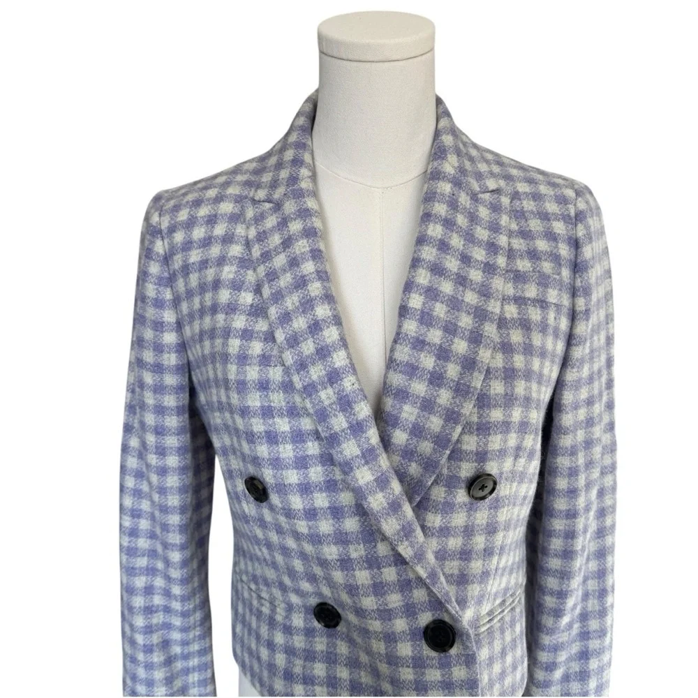 J. Crew - Purple Checkered Blazer Cropped Double Breast Blazer English Wool Sz 2